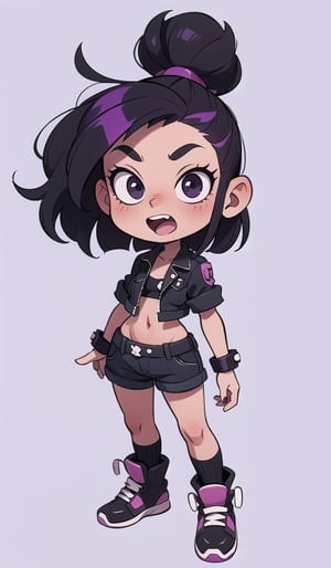 A beautifull punk girl, purple black punk hair, dark autfit, full body, chibi, crazy face, black skin