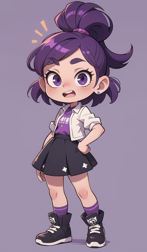 A beautifull punk girl, purple hair, dark autfit, full body, chibi, crazy face