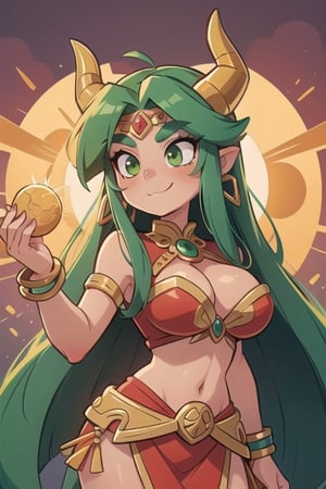 1 woman powerful Aztec dragon goddess of the sun, quetzalcoatl, red clothes with green details, green hair, golden eyes, long hair, loose hair, straight hair, golden horns, dragon tail, hapy face, big chest