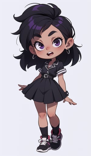 A beautifull punk girl, purple black punk hair, dark autfit, full body, chibi, crazy face, black skin, ebony