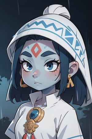 an Aztec goddess of rain, blue skin, serene face, white clothes, bare forehead