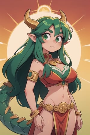 1 woman powerful Aztec dragon goddess of the sun, quetzalcoatl, red clothes with green details, green hair, golden eyes, long hair, loose hair, straight hair, golden horns, dragon tail, hapy face, big chest