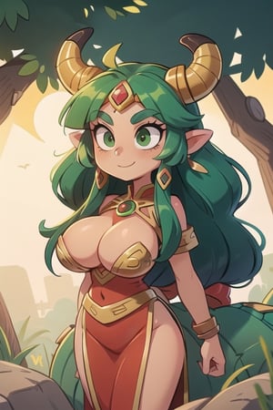 1 woman powerful Aztec dragon goddess of the sun, quetzalcoatl, red clothes with green details, green hair, golden eyes, long hair, loose hair, straight hair, golden horns, dragon tail, hapy face, big tits, big but