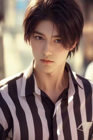 solo, looking at viewer, shirt, black hair, 1boy, white shirt, upper body, male focus, striped, collared shirt, black eyes, lips, striped shirt, realistic, 1boy, solo, looking at viewer, black hair, upper body, school uniform, villain,
,niji3