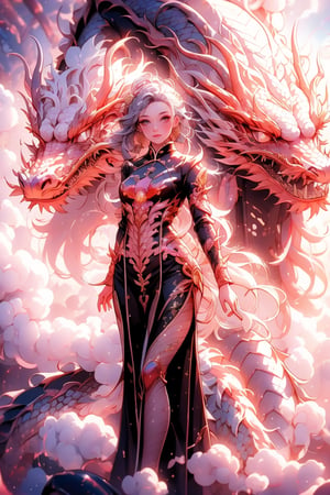 high resolution, image of a beautiful girl wearing a futuristic traditional chinese dress accompanied by a mechanical style dragon, futuristic ruined city in the background, sunset light in the distance, The general atmosphere is mildly sad but peaceful, transparent bodystocking, mecha, full_body, detailed anatomy, detailed face, extra detailed long multicolored hair, detailed grey eyes, 1 girl, imponent aura, perfecteyes,1 girl,fate/stay background,DragonCute
