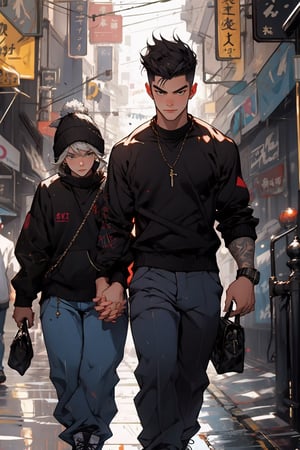 1girl, 1boy, two_characters, good girl and a thug, walking holding hands