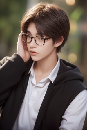 solo, looking at viewer, black hair, 1boy, upper body, male focus, black eyes, lips, realistic, school uniform, wearing glasses, shy, silent, gloomy