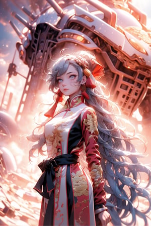 high resolution, image of a beautiful girl wearing a  traditional chinese dress, futuristic ruined city in the background, sunset light in the distance, The general atmosphere is mildly sad but peaceful, transparent bodystocking, mecha, full_body, detailed anatomy, detailed face, extra detailed long multicolored hair, detailed grey eyes, 1 girl, imponent aura, perfecteyes,1 girl,fate/stay background,