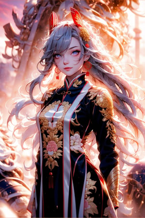 high resolution, image of a beautiful girl wearing a  traditional chinese dress, ruined ancient city in the background, sunset light in the distance, The general atmosphere is mildly sad but peaceful, transparent bodystocking, mecha, full_body, detailed anatomy, detailed face, extra detailed long multicolored hair, detailed grey eyes, 1 girl, imponent aura, perfecteyes,1 girl,fate/stay background,
