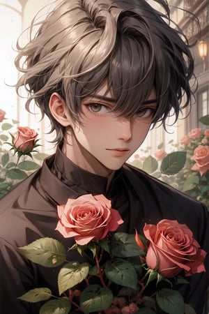 1boy, in the rose flowers, creative, wonderful, beautiful, amazing