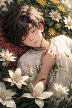 1boy, sleeping on the flowers
