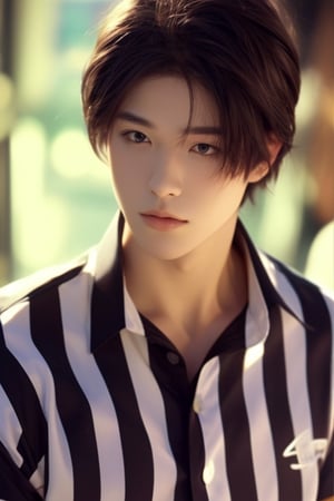 solo, looking at viewer, school tshirt, black wavy short spiky hair, 1boy, upper body, male focus, black eyes, lips, striped shirt, realistic,niji3