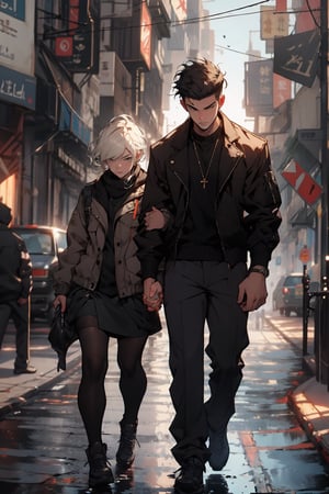 1girl, 1boy, two_characters, good girl and a thug, walking holding hands of the two, 