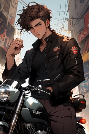 1girl, 1boy, two_characters, a handsome boy riding a motor bike, wearimg a helmat