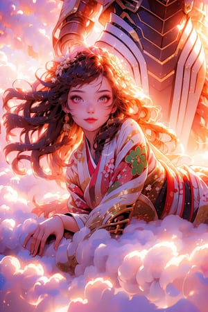 high resolution, image of a beautiful girl wearing a  traditional japanese dress, lying on a cloud, sunset light in the distance, mecha, full_body, detailed anatomy, detailed face, extra detailed long multicolored hair, detailed, 1 girl, imponent aura, perfecteyes,1 girl,fate/stay background,