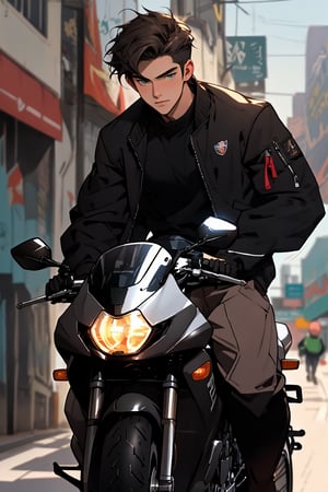 1girl, 1boy, two_characters, a handsome boy riding a sport bike, wearing a helmat and a jacket