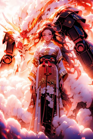 high resolution, image of a beautiful girl wearing a  traditional japanese dress, sunset light in the distance, mecha, full_body, detailed anatomy, detailed face, extra detailed long multicolored hair, detailed, 1 girl, imponent aura, perfecteyes,1 girl,fate/stay background,