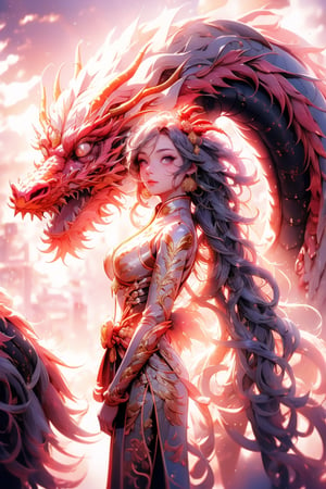 high resolution, image of a beautiful girl wearing a futuristic traditional chinese dress accompanied by a majestic dragon, futuristic ruined city in the background, sunset light in the distance, The general atmosphere is mildly sad but peaceful, transparent bodystocking, mecha, full_body, detailed anatomy, detailed face, extra detailed long multicolored hair, detailed grey eyes, 1 girl, imponent aura, perfecteyes,1 girl,fate/stay background,DragonCute