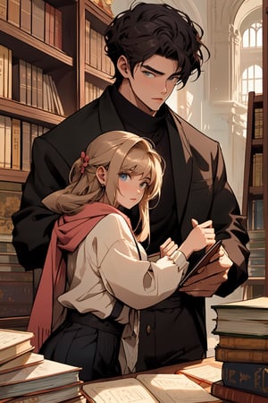 1girl, 1boy, two_characters, a handsome boy helping to a beautiful girl to pick up the books