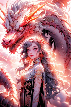 high resolution, image of a beautiful girl wearing a  traditional chinese dress accompanied by a majestic dragon, futuristic ruined city in the background, sunset light in the distance, The general atmosphere is mildly sad but peaceful, transparent bodystocking, mecha, full_body, detailed anatomy, detailed face, extra detailed long multicolored hair, detailed grey eyes, 1 girl, imponent aura, perfecteyes,1 girl,fate/stay background,DragonCute