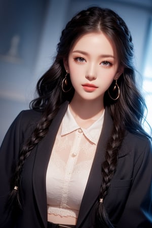 1girl, solo, looking at viewer, black braided hair, upper body, earrings, school uniform dress, villainess
