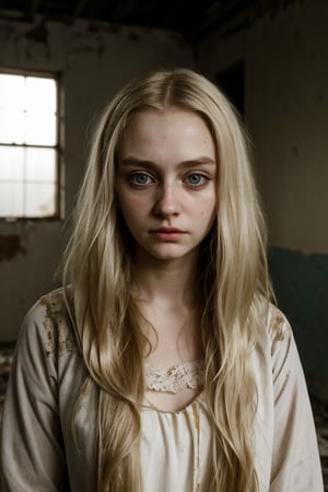 1 girl, alone, Realistic, blonde hair, long hair, Pale skin, long hair, big eyes, hazel, broken, dark circles, neglected. unkempt appearance, dirty and torn gown, old, dirty, dilapidated psychiatric hospital,