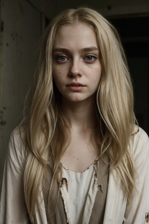 1 girl, alone, Realistic, blonde hair, long hair, Pale skin, long hair, big eyes, hazel, broken, dark circles, neglected. unkempt appearance, dirty and torn gown, old, dirty, dilapidated psychiatric hospital,