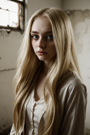 1 girl, alone, Realistic, blonde hair, long hair, Pale skin, long hair, big eyes, hazel, broken, dark circles, neglected. unkempt appearance, dirty and torn gown, old, dirty, dilapidated psychiatric hospital,