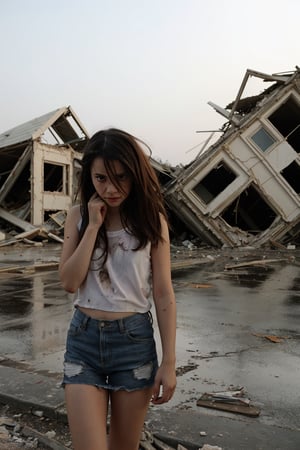 a mentally disturbed and crazy girl, lost look, destroyed house, ruined landscape,