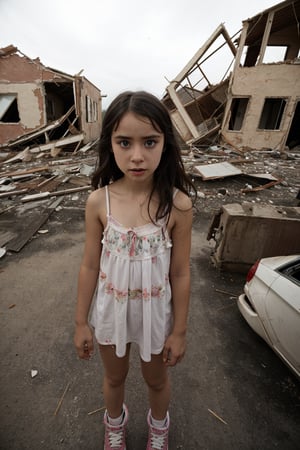 a mentally disturbed and crazy girl, lost look, destroyed house, ruined landscape,