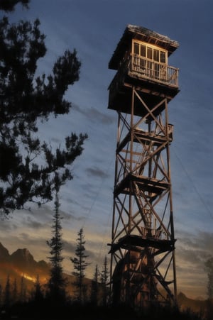  fire lookout , under have fire wood, dark and night time , style of dark fantasy , high quality best real art , 8k
