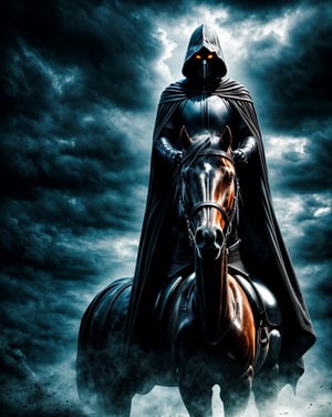 image of a mysterious man with a dark robe and a hood, riding a dark armored horse, the third horseman, epic dark cloudy sky, (((no moon))), wraiths riding in the sky, horsemen of the apocalypse, riding a black horse, dark hooded wraith, reaper of night, horse warrior, nazgul, dark fantasy art, the harbringer of death, dark fantasy style art, scary knight, detailed 4k horror artwork, stefan koidl inspired, ((stefan koidl)),EpicSky,n4rut0,blurry_light_background