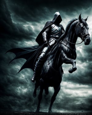 image of a mysterious man with a dark robe and a hood, riding a dark armored horse, the third horseman, epic dark cloudy sky, (((no moon))), wraiths riding in the sky, horsemen of the apocalypse, riding a black horse, dark hooded wraith, reaper of night, horse warrior, nazgul, dark fantasy art, the harbringer of death, dark fantasy style art, scary knight, detailed 4k horror artwork, stefan koidl inspired, ((stefan koidl)),EpicSky