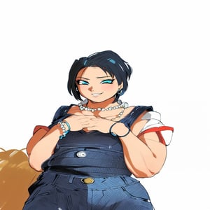 best quality, highres, and18, 1girl, android 18, solo, blonde hair, blue eyes, belt, jeans, pearl_necklace, bracelet, black gloves, white shirt, short hair, short sleeves, earrings, blue pants, open vest, black vest, large breasts, , cowboy shot, mall, smile,  ,hinata