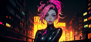 A girl with neon hair, saturated pinkish-black eyes, dressed in tight cyberpunk clothes, with carbon fiber hands, on a dark background of a night city, the upper part of the body from the knees. details - eyes, details-face, details-lips, details-eyes - intensely yellow.(landscape: 1.2)