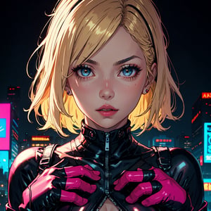 A girl with blonde hair, saturated pinkish-black eyes, dressed in tight cyberpunk clothes, with hands made of metal, against the dark background of the night city. detailed - eyes, details-face, details-lips, details-eyes - intensely yellow.