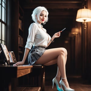 3/4 view, full body, 1girl, (28 years old, fit, short, large breasts, full lips, symmetrical face, high detail face, high detail skin, short white hair, messy hair), ((white hair:1.2)), lipstick, sultry seductive smile, wearing white blouse and plaid skirt, and high heels, focus on legs, fantasy library, cinematic lighting, depth of field, (masterpiece, top quality, best quality, official art, beautiful and aesthetic:1.2), colorful, detailed, highly detailed, absurdres, highly detailed skin, highres, perfect hands, perfect fingers,