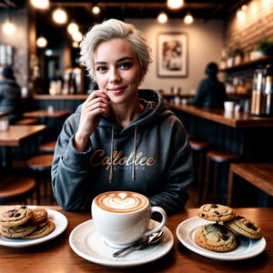 1girl, solo, (cowboy shot, dynamic pose, dynamic view), (28 years old Caucasian woman, fit, large breasts, symmetrical face, high detail face, high detail skin, short white hair, messy hair), ((short white hair:1.2)), flirty smile, wearing hoodie and sweatpants, sitting inside cafe, ((latte and plate of cookies)), morning, depth of field, cinematic lighting, (masterpiece, top quality, best quality, beautiful and aesthetic:1.2)