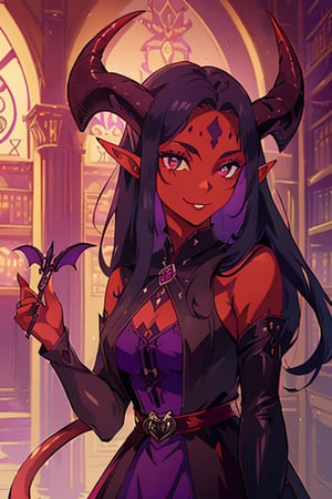 1girl, solo, tiefling, (18 years old, slender, symmetrical face, high detail face, high detail skin, devil tail, long black hair, purple iris, purple ram horns, elf ears), (red skin:1.3), (ram horns:1.2), devil tail, confident smile, wearing gothic dress, inside library, (masterpiece, top quality, best quality, beautiful and aesthetic:1.2)