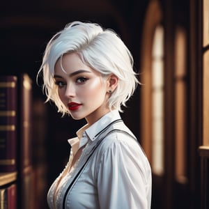 3/4 view, full body, 1girl, (28 years old, fit, short, large breasts, full lips, symmetrical face, high detail face, high detail skin, short white hair, messy hair), ((white hair:1.2)), lipstick, sultry seductive smile, wearing white blouse and plaid skirt, and high heels, focus on legs, fantasy library, cinematic lighting, depth of field, (masterpiece, top quality, best quality, official art, beautiful and aesthetic:1.2), colorful, detailed, highly detailed, absurdres, highly detailed skin, highres, perfect hands, perfect fingers,