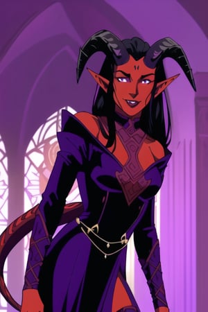 1girl, solo, tiefling, (18 years old, slender, symmetrical face, high detail face, high detail skin, devil tail, long black hair, purple iris, purple ram horns, elf ears), (red skin:1.3), (ram horns:1.2), devil tail, confident smile, wearing gothic dress, inside library, (masterpiece, top quality, best quality, beautiful and aesthetic:1.2)
