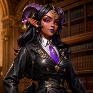 tiefling, close-up shot, 3/4 angle,  1 girl, (18 years old, slender, symmetrical face, high detail face, high detail skin, long black hair), long and thick black hair, (red skin:1.1), elf ears, (purple curving ram horns), (purple eyes, black sclera), dark lipstick, confident, smirking, gold piercings, ((wearing a schoolgirl outfit and inside a wonderful library filled with books and scrolls)), (masterpiece, top quality, best quality, official art, beautiful and aesthetic:1.2), cinematic lighting, extreme detailed, colorful, highest detailed, masterpiece, professional art, highly detailed, realistic, absurdres, highly detailed skin, intricate, dreamlike, fantasy,*read model description*