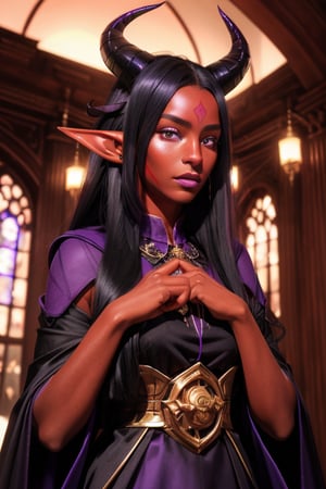 1girl, solo, tiefling, (18 years old, slender, symmetrical face, high detail face, high detail skin, devil tail, long black hair, purple iris, purple ram horns, elf ears), (red skin:1.3), devil tail, wearing victorean dress, inside large magical library, (masterpiece, top quality, best quality, photorealistic, beautiful and aesthetic:1.2), colorful, detailed, highly detailed, absurdres, highly detailed skin, highres, perfect hands, perfect fingers,