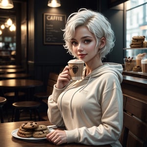 1girl, solo, (cowboy shot, dynamic pose, dynamic view), (28 years old Caucasian woman, fit, large breasts, symmetrical face, high detail face, high detail skin, short white hair, messy hair), ((short white hair:1.2)), flirty smile, wearing hoodie and sweatpants, sitting inside cafe, ((latte and plate of cookies)), morning, depth of field, cinematic lighting, (masterpiece, top quality, best quality, beautiful and aesthetic:1.2)