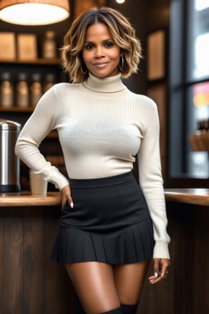 (photorealistic, photo, photography, HDR, 8K), 1girl, solo, ((full body shot, dynamic pose, dynamic view)), (focus on thighs), [Halle Berry|Sharon Leal] (youthful adult, black woman, curvy, large breasts, symmetrical face, high detail face, high detail skin, shoulder-length black hair with blonde highlights), flirty smile, wearing turtleneck sweater and pleated skirt and thigh-high stockings and mary janes, standing at counter inside cozy coffee shop, depth of field, cinematic lighting, (masterpiece, top quality, best quality, beautiful and aesthetic:1.2),more detail XL