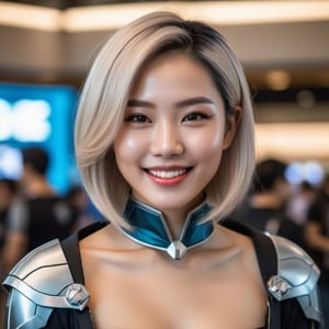 (photorealistic, photo, photography, HDR, 8K), 1girl, solo, ([Valerie Tian|Du Juan], youthful adult, 29-year-old Loatian woman, platinum bob hairstyle with center part, almond eyes, thin eyebrows, cupid-bow lips, flat wide button nose, dimples, laugh lines, perfect teeth, symmetrical face, high detail face, high detail skin), flirty smile, wearing sexy sci-fi cosplay, inside crowded convention, depth of field, cinematic lighting, (masterpiece, top quality, best quality, beautiful and aesthetic:1.2),more detail XL