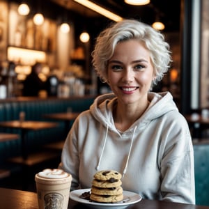 1girl, solo, (cowboy shot, dynamic pose, dynamic view), (28 years old Caucasian woman, fit, large breasts, symmetrical face, high detail face, high detail skin, short white hair, messy hair), ((short white hair:1.2)), flirty smile, wearing hoodie and sweatpants, sitting inside cafe, ((latte and plate of cookies)), morning, depth of field, cinematic lighting, (masterpiece, top quality, best quality, beautiful and aesthetic:1.2)