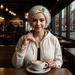 1girl, solo, (cowboy shot, dynamic pose, dynamic view), (28 years old Caucasian woman, fit, large breasts, symmetrical face, high detail face, high detail skin, short white hair, messy hair), ((short white hair:1.2)), flirty smile, wearing hoodie and sweatpants, sitting inside cafe, ((latte and plate of cookies)), morning, depth of field, cinematic lighting, (masterpiece, top quality, best quality, beautiful and aesthetic:1.2)