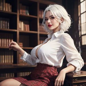 cowboy shot, 3/4 view, full body, 1girl, (28 years old, fit, short, large breasts, full lips, symmetrical face, high detail face, high detail skin, short white hair, messy hair), ((white hair:1.2)), lipstick, sultry seductive smile, wearing white blouse and plaid skirt, and high heels, fantasy library, cinematic lighting, depth of field, (masterpiece, top quality, best quality, official art, beautiful and aesthetic:1.2), colorful, detailed, highly detailed, absurdres, highly detailed skin, highres, perfect hands, perfect fingers,