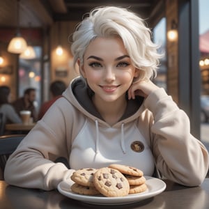 1girl, solo, (cowboy shot, dynamic pose, dynamic view), (28 years old Caucasian woman, fit, large breasts, symmetrical face, high detail face, high detail skin, short white hair, messy hair), ((short white hair:1.2)), flirty smile, wearing hoodie and sweatpants, sitting inside cafe, ((latte and plate of cookies)), morning, depth of field, cinematic lighting, (masterpiece, top quality, best quality, beautiful and aesthetic:1.2)